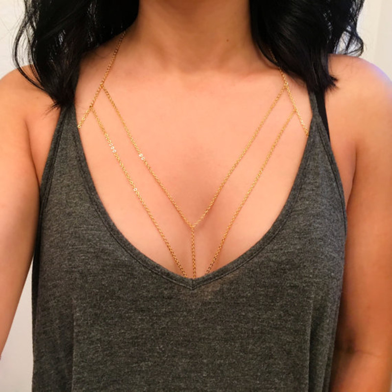 Body Jewelry In Bulk - セックス千鳥ボディチェーン女性のためのシンプルなゴールドカラーのレイヤードチェーンボディジュエリー女性の夏の胸のチェーン