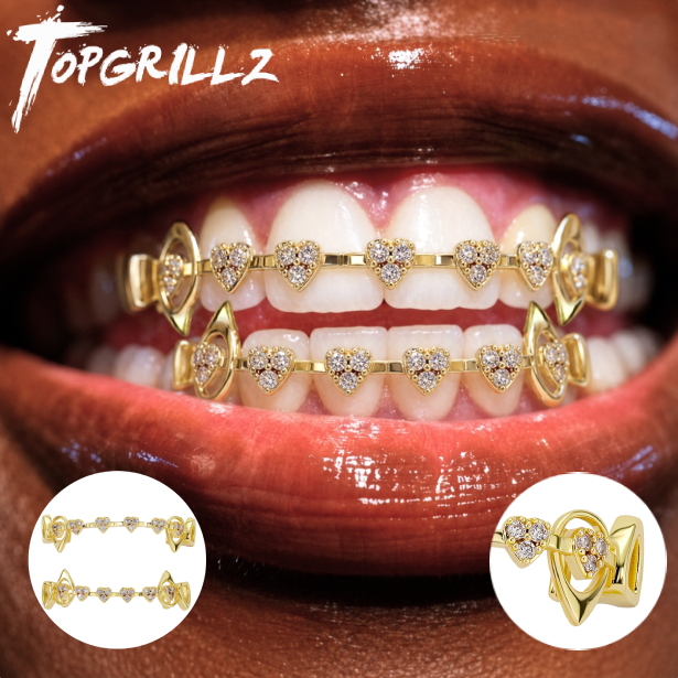 Body Jewelry In Bulk - TOPGRILLZ ホローハートファンググリルズセット マイクロパヴェCZ トップボトムバー 軽量 Y2K