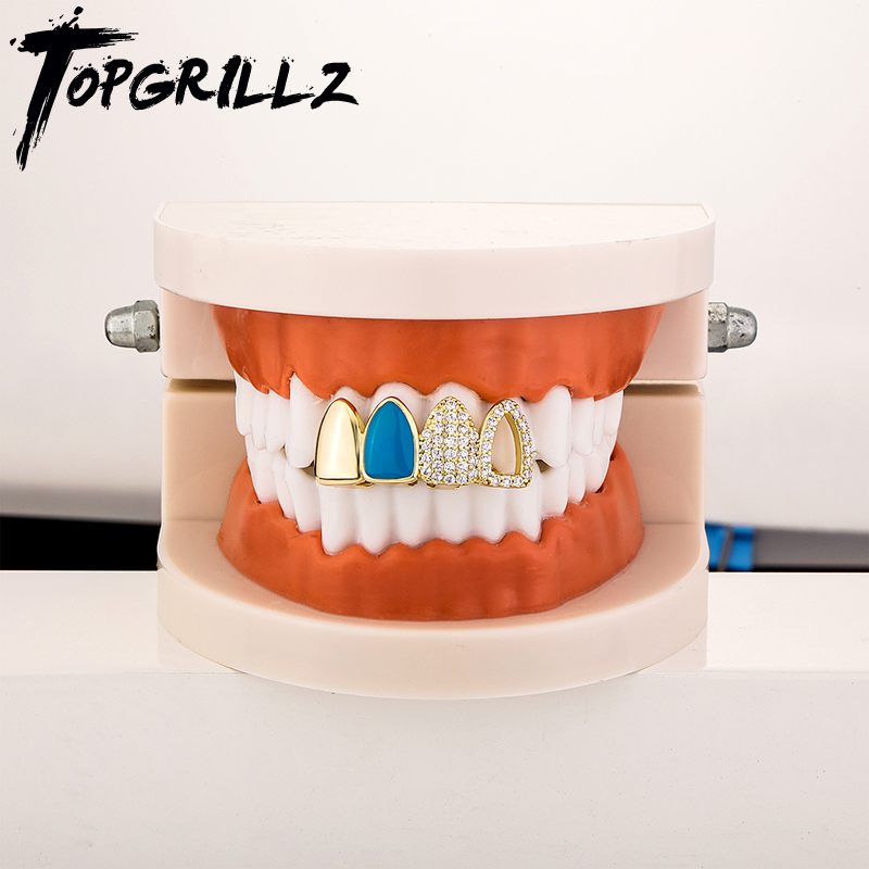 Body Jewelry Men - Topgrillz-青いドリップオイル中空ジルコニア歯グリル、女性と男性のためのアイスアウトczストーントゥースキャップ、マウスジュエリー、ヒップホップ