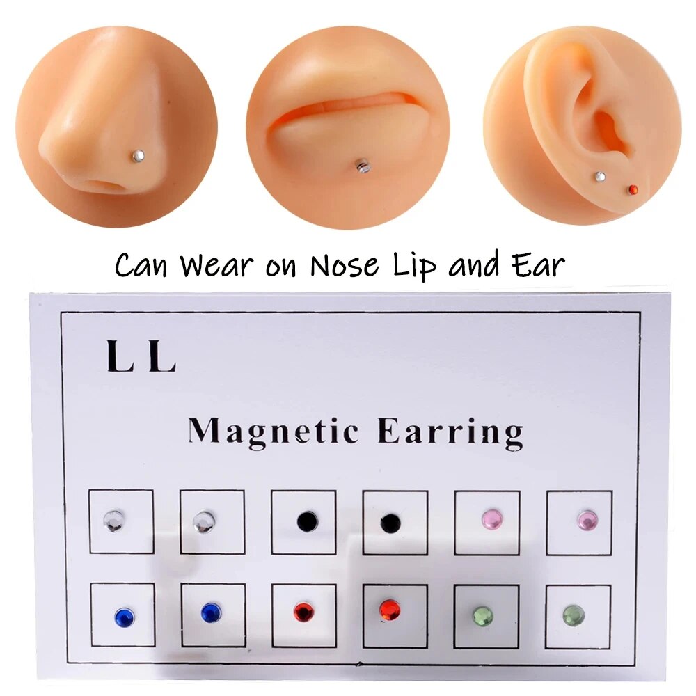 Body Jewelry Nose - ドリルされていない磁気イヤリング,偽のイヤスタッド,耳珠,アンチエイジング,リップラベル,ノーズ,ジュエリー,カード,12個