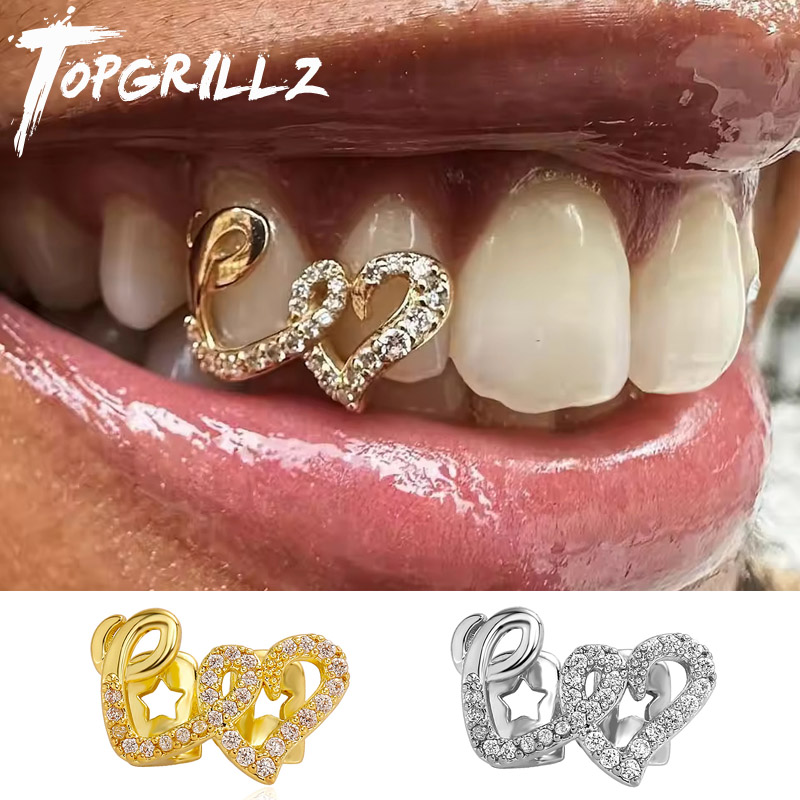 Body Jewelry Men - TOPGRILLZ ダブルハート歯キャップ女性男性パンクヒップホップジルコン中空愛歯グリルズカップルジュエリーアクセサリー