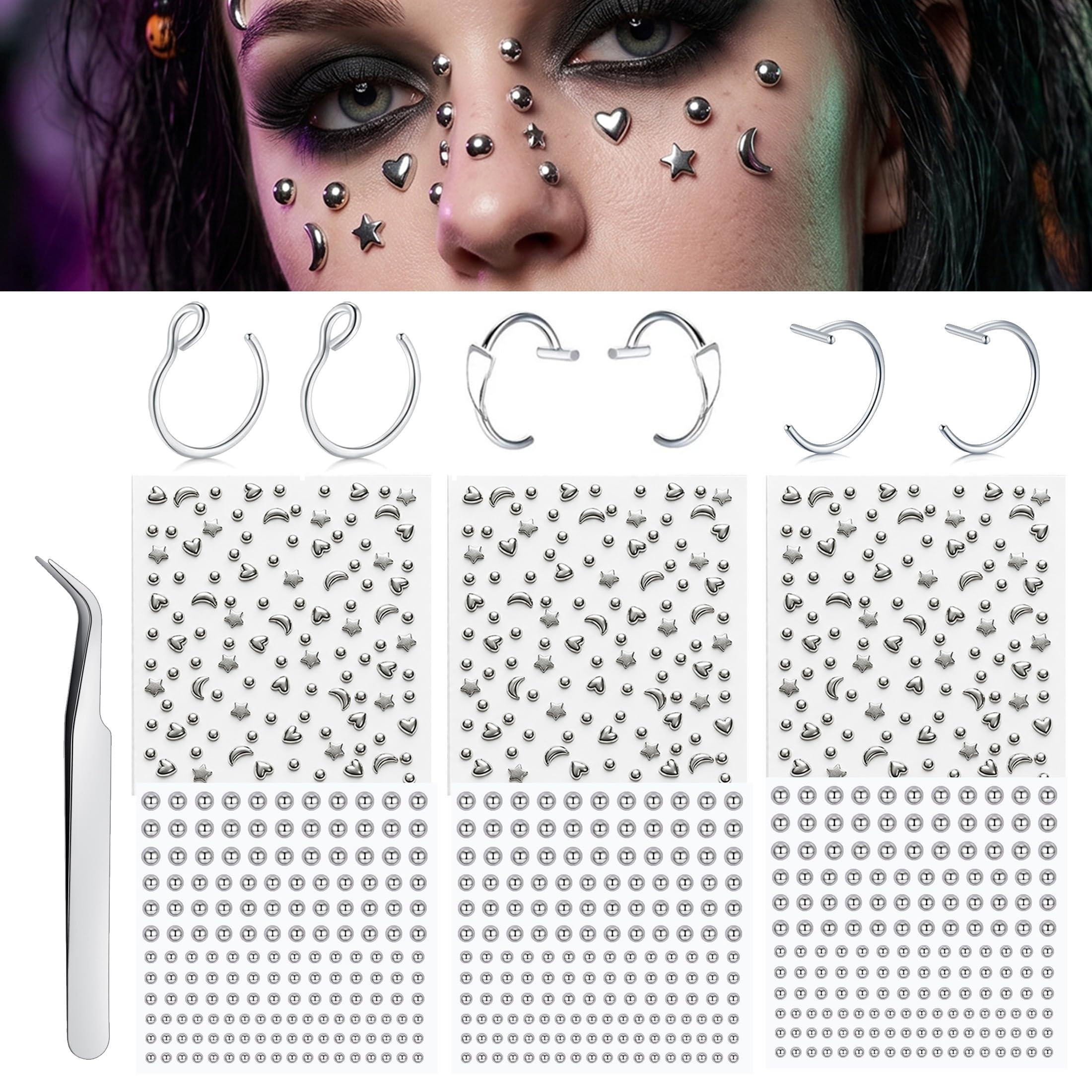 Body Jewelry Eyebrow - フェイクピアスボール、鼻ピアス、フェイク眉毛、リップフープ、ラブレットスタッド、粘着式スターフェイスジェム、ラインストーンメイクアップステッカー