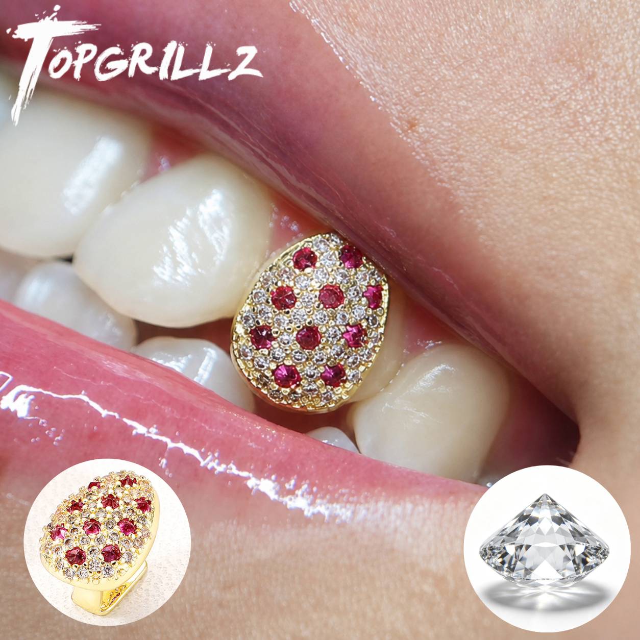 Body Jewelry Men - TOPGRILLZ ミックスピンク＆クリアCZオーバルシングルトゥースグリルズ 逆ピンクストーン アイスアウト ヒップホップ トゥースキャップ