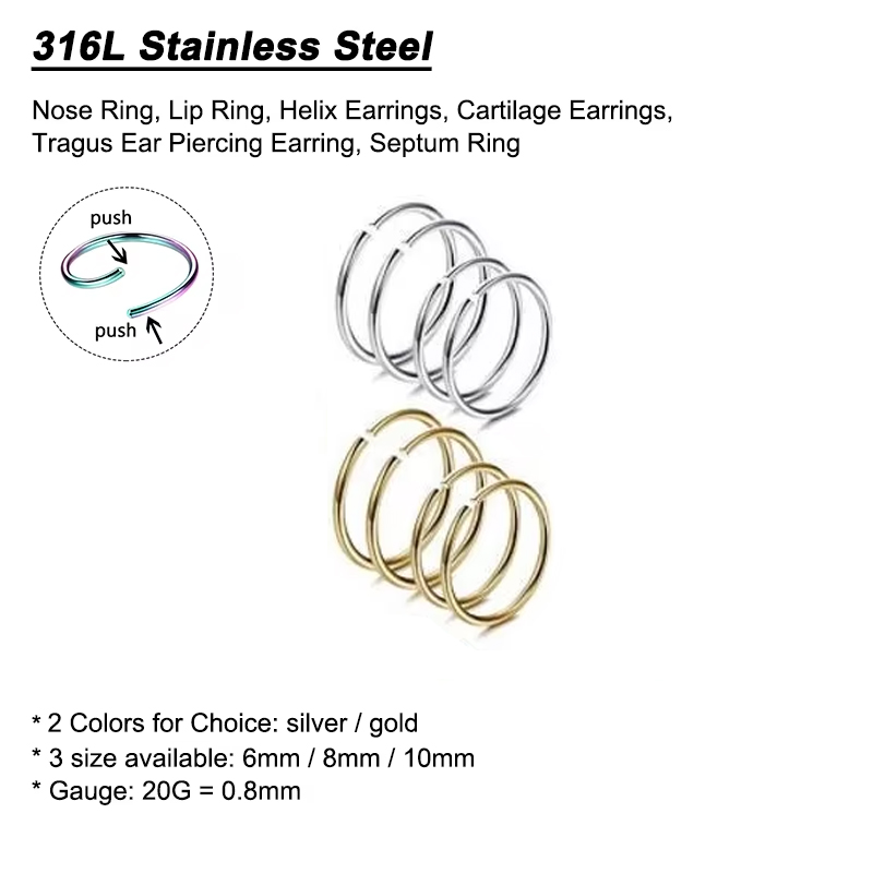 6個/ロット 低アレルギー性ノーズリングフープ 316Lサー - Body Jewelry In Bulk のレビューと価格